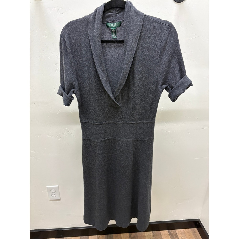 Lauren Ralph Lauren Grey Shawl Collar Knit Midi Sweater Dress Womens Medium